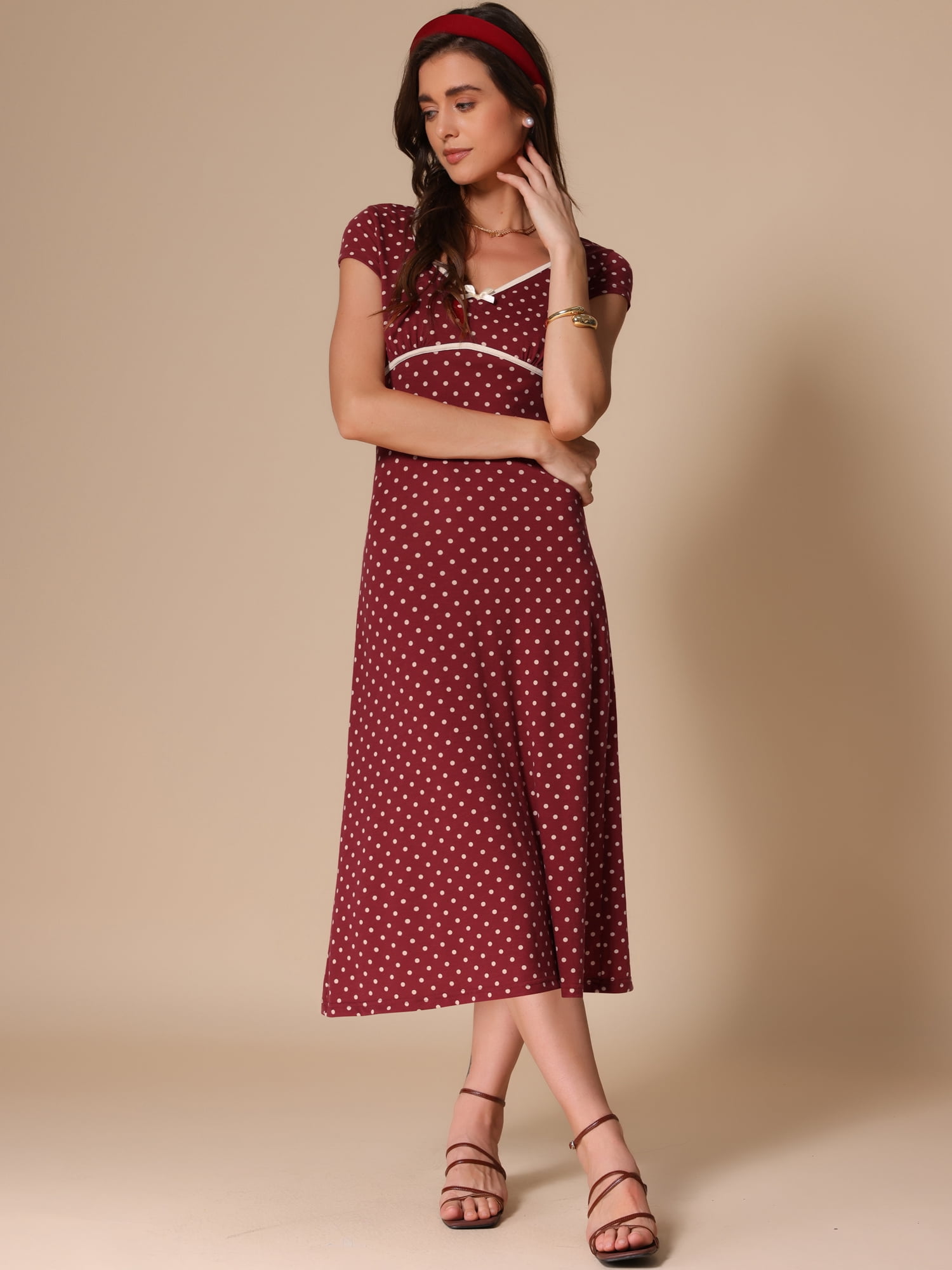 DARING DIVA Vintage Retro Classic Cap Sleeve Midi Polka Dot Dress XL Wine Red