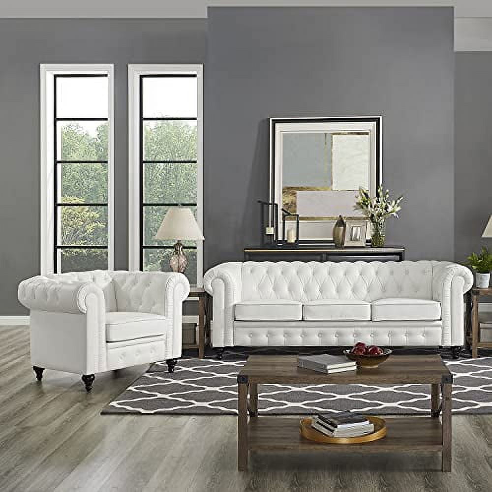 Naomi Home 2 Piece Faux Leather Tufted Arm Living Room Set White