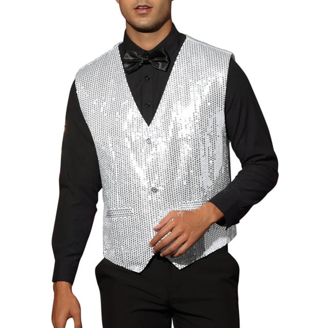 INSPIRE CHIC Gilet Scintillant à Paillettes pour Homme Sans Manches à Col en V pour Fête L Blanc