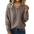 thumbnail image 2 of Only Moment Brown Long Sleeve Knit Sweater Tops Crew Neck Button Up Knit Loose Fit Tops, Trendy Fashion Spring Fall Clothing, Business Casual Outfits M, 2 of 4