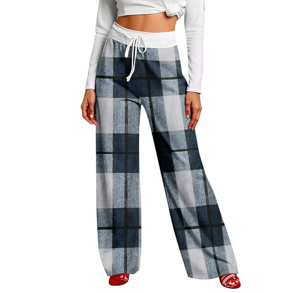 Women Winter Soild Color Pants Full Length Long Trousers Sports Pants with Plaid Print and Drawstring for Classic and Warm Wear,Navy,3XL