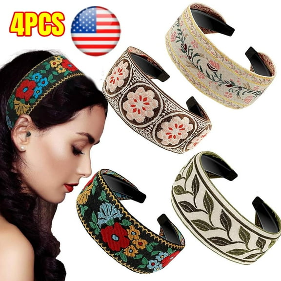 4 PCS Boho Embroidery Headband,  Bohemian Headband, Boho Headbands for Women, Floral Embroidered Head Bands