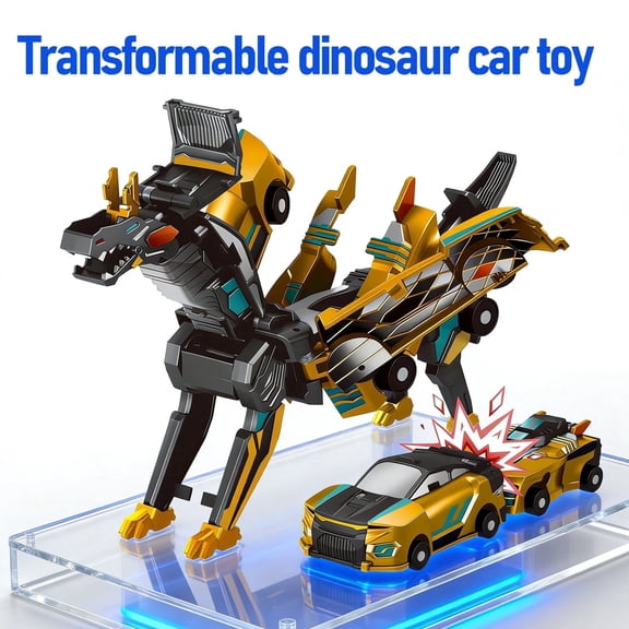Magnetic Collision Transforming Dinosaur Car Toy Set, 2 Cars Combine into Winged Dino, No Battery, ABS Kids Toy, Ages 3 , Golden Dragon