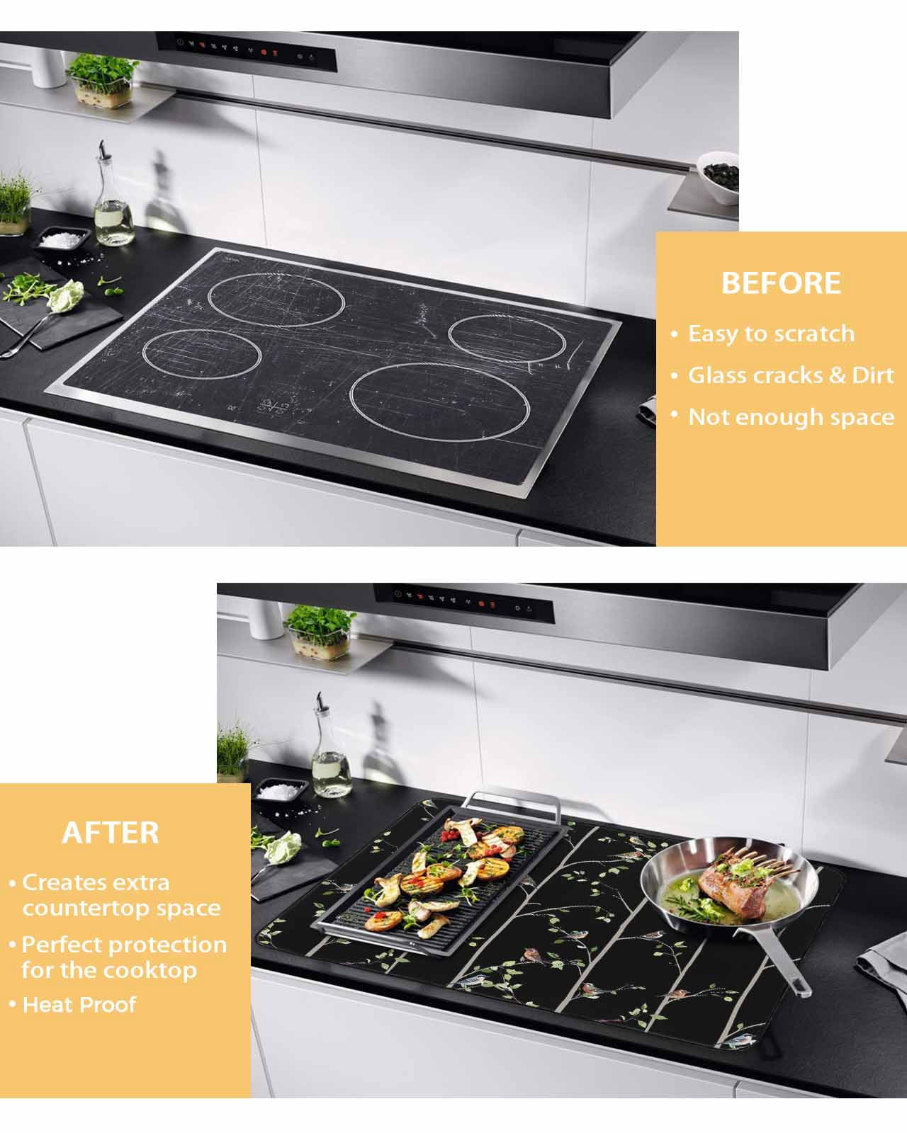 Large Induction Cooktop Protector Mat Sparrow Stove Top Covers for Electric Stove, Spring Birds on The Branches Vintage Country Black Decorative Stove Burner Cover Mats, Glass Top Stove Cover