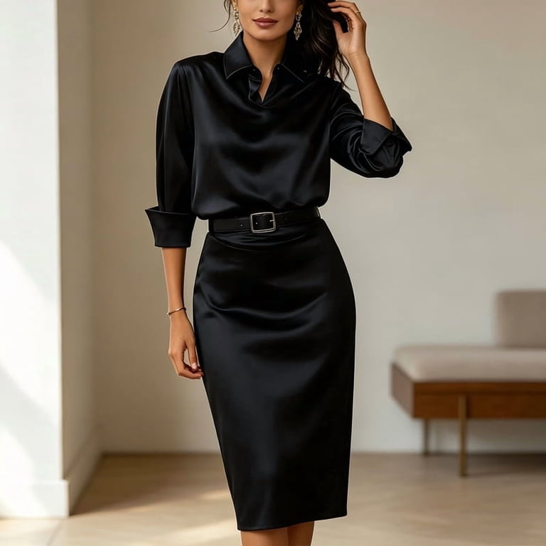 cowl neck shirt dress Morttic Women's Elegant Satin Cowl Neck Shirt Collar Midi Dress Long Sleeve Solid Color, Bohemian Chic Formal Wear BlackXXL, Size: 2XL, Blue