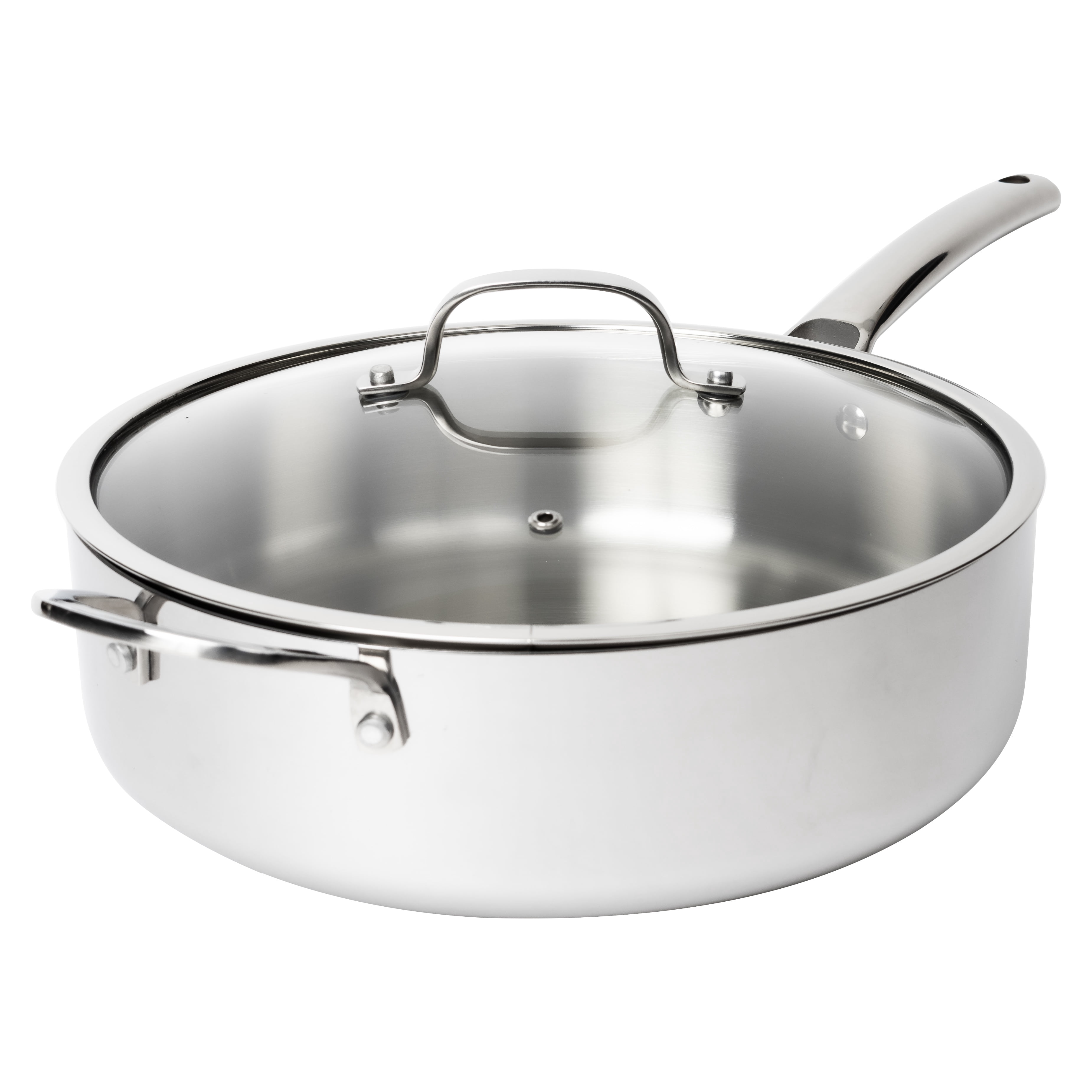 CoreClad 6-Quart Tri-Ply Stainless Steel Saute Pan with Glass Lid, Fully Clad 18/10 Stainless Steel, Induction Compatible, Dishwasher Safe, Oven Safe to 500°F, Deep Saute Skillet with Helper Handle