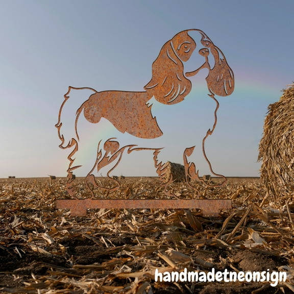 Handmadetneonsign Cavalier King Charles Spaniel Dog Rusty Metal Stake, Yard Stake, Dog Garden Stake 72279