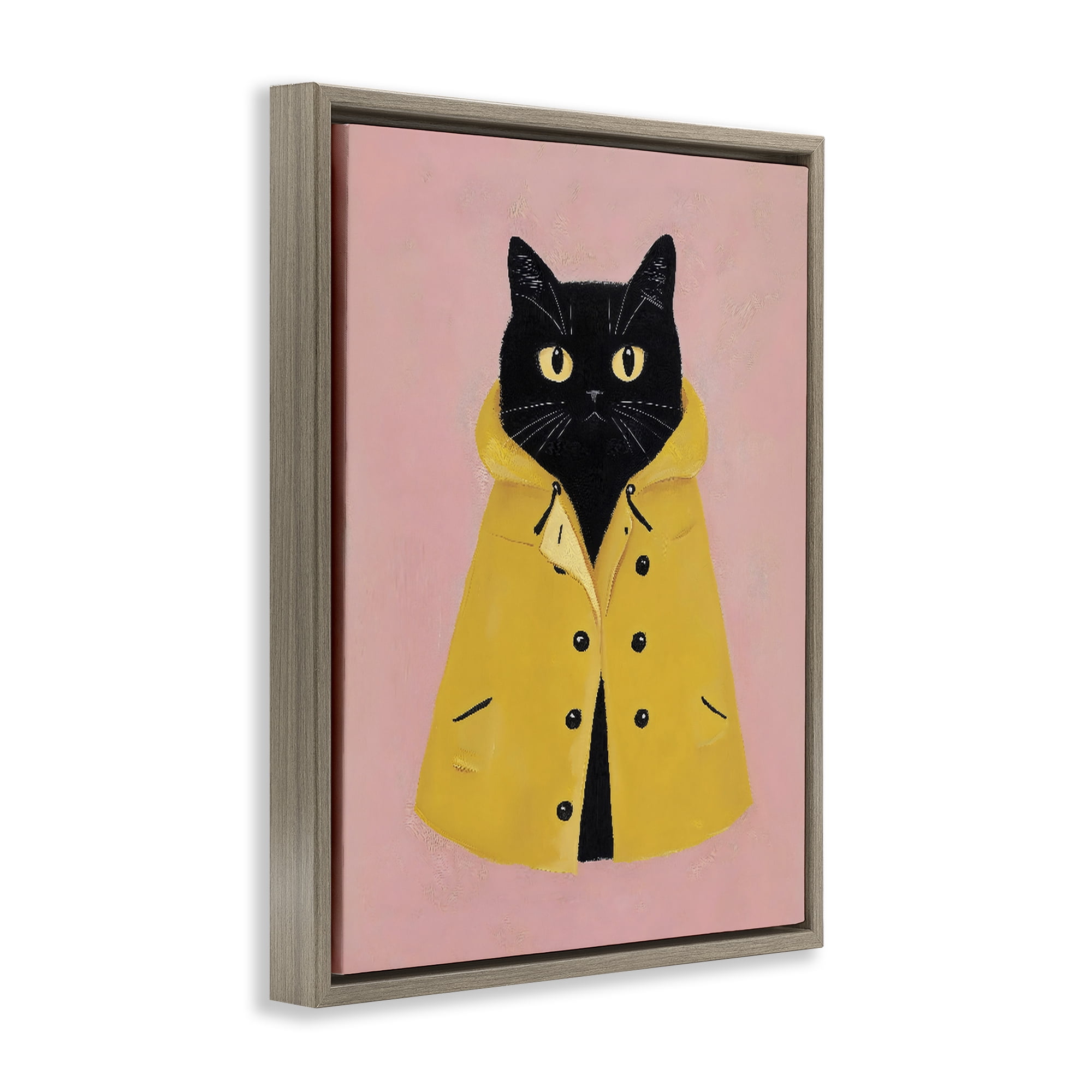 Stupell Industries Black Cat in Yellow Raincoat Brown Framed Floater Canvas Wall Art, design by The Prints Vibe
