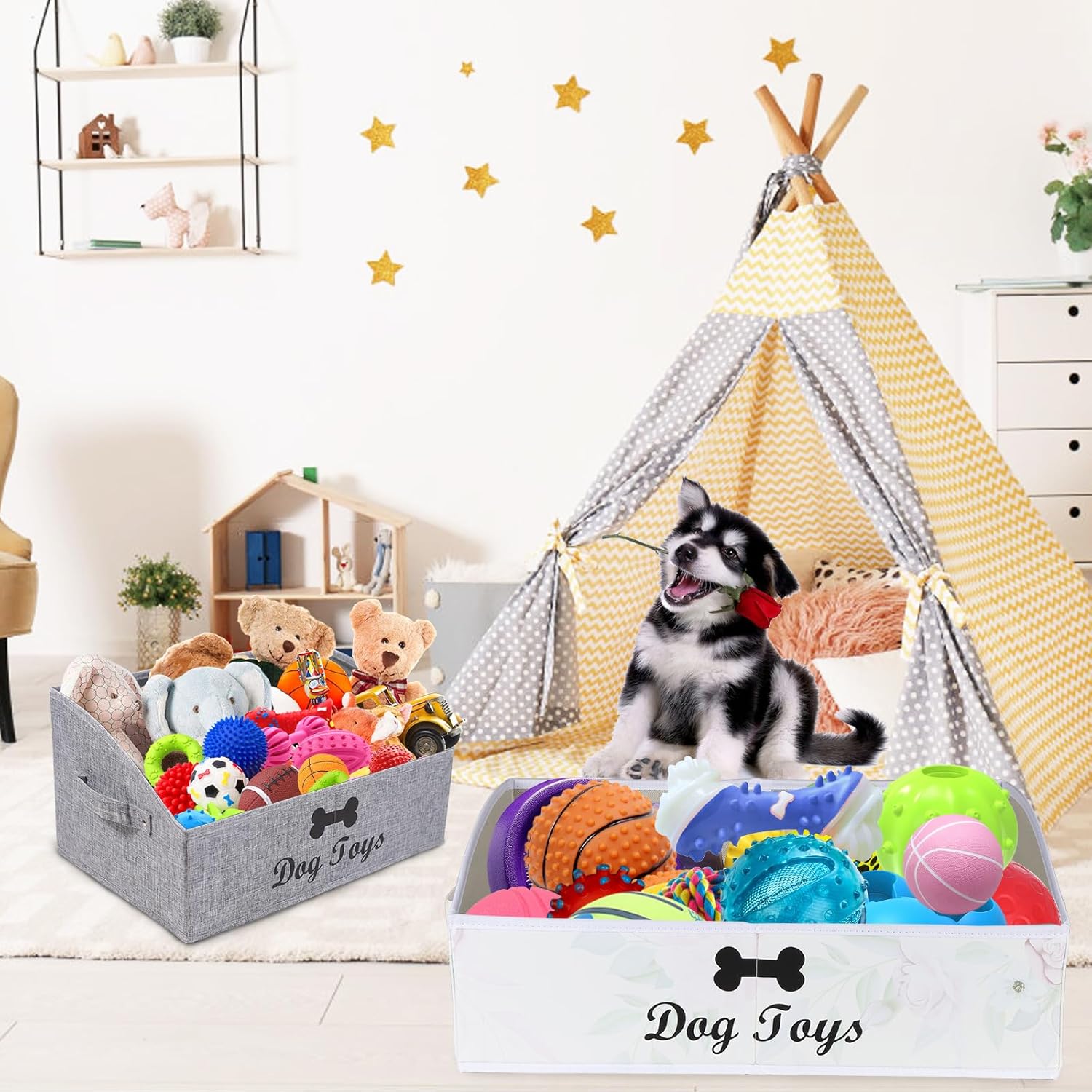 Brabtod 2-Pack Collapsible Dog Toy Basket with Handle, Fabric Trapezoid Storage for Pet Toys Blankets & Accessories, Gray & Beige Set