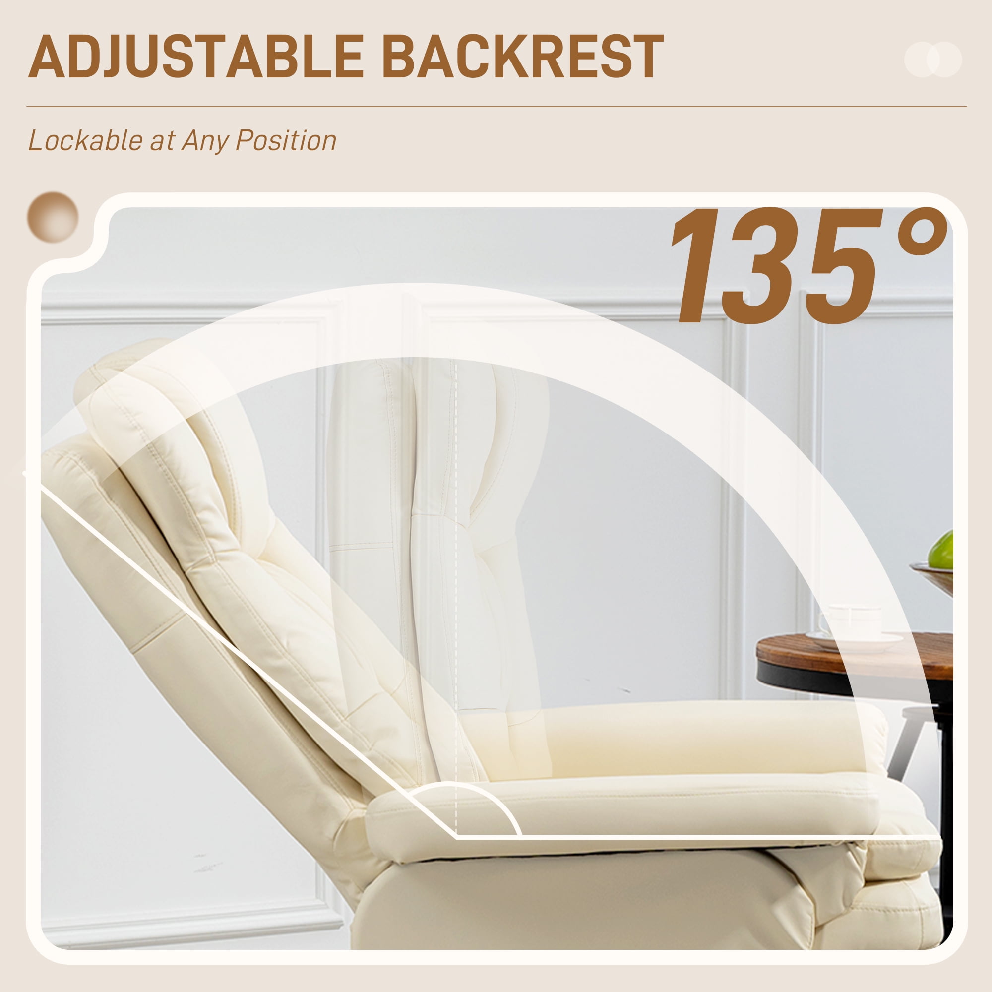 Cream White PU Leather Recliner Chair with Ottoman, 135° Recline, 360° Swivel, High Back, Steel Frame