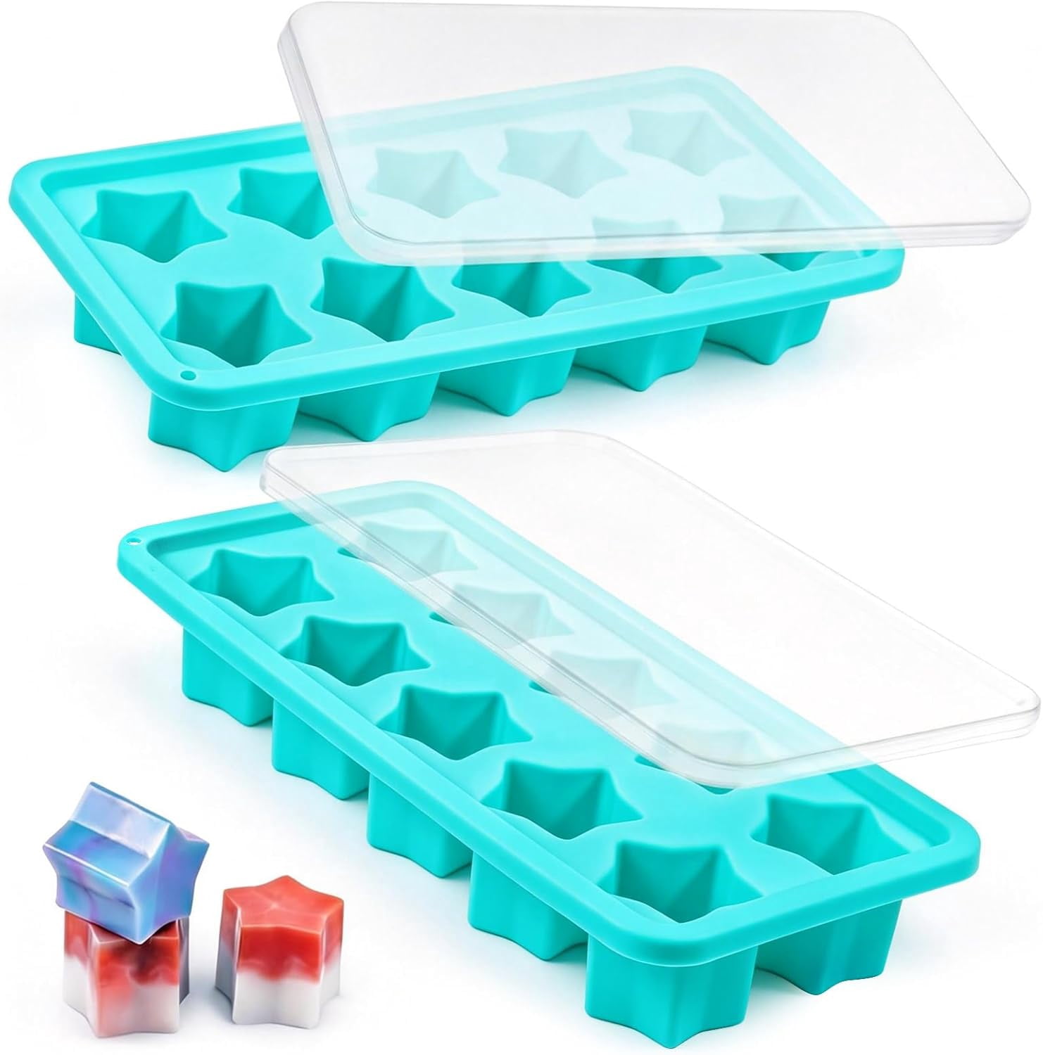 4-Pack Silicone Ice Cube Trays Set – Sphere (1.1"), Heart (10 & 8 Cavity), Star with Lid – BPA-Free, Easy Release – For Cocktails, Whiskey & Chocolate – Green/Pink/Red/Multicolor