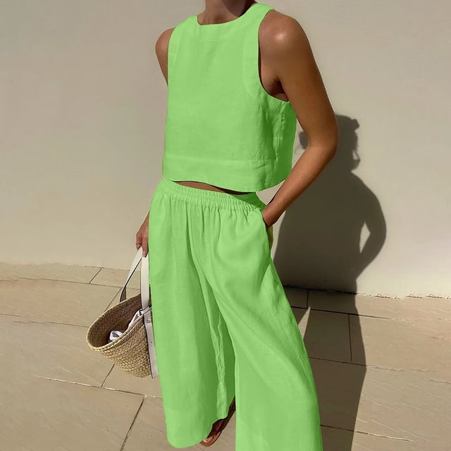 Fankiway Ensemble de Vêtements d'Entraînement pour Femmes Été Décontracté Sans Manches Col Rond en Coton et Lin