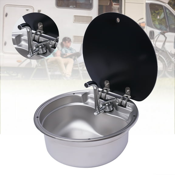 RV Caravan Kitchen Sink Camper Hand Wash Basin Stainless Steel with Lid   Faucet