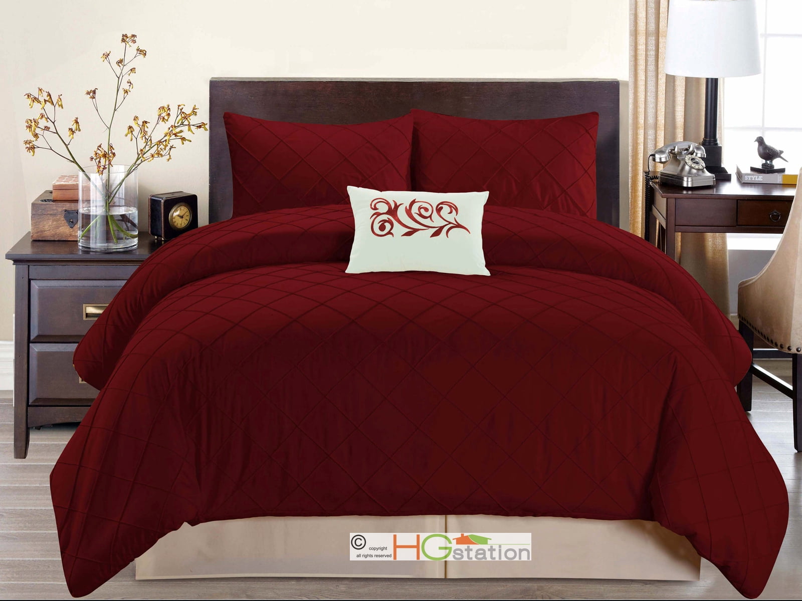 4 Pc Diamond Pleated Pintuck Comforter Set Embroidered Pillow Dark