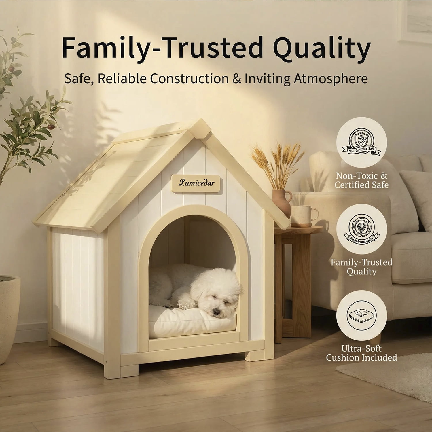 Modern Indoor Wooden Dog House with EVA Cushion – Solid Cedar Pet House for Small Dogs & Cats