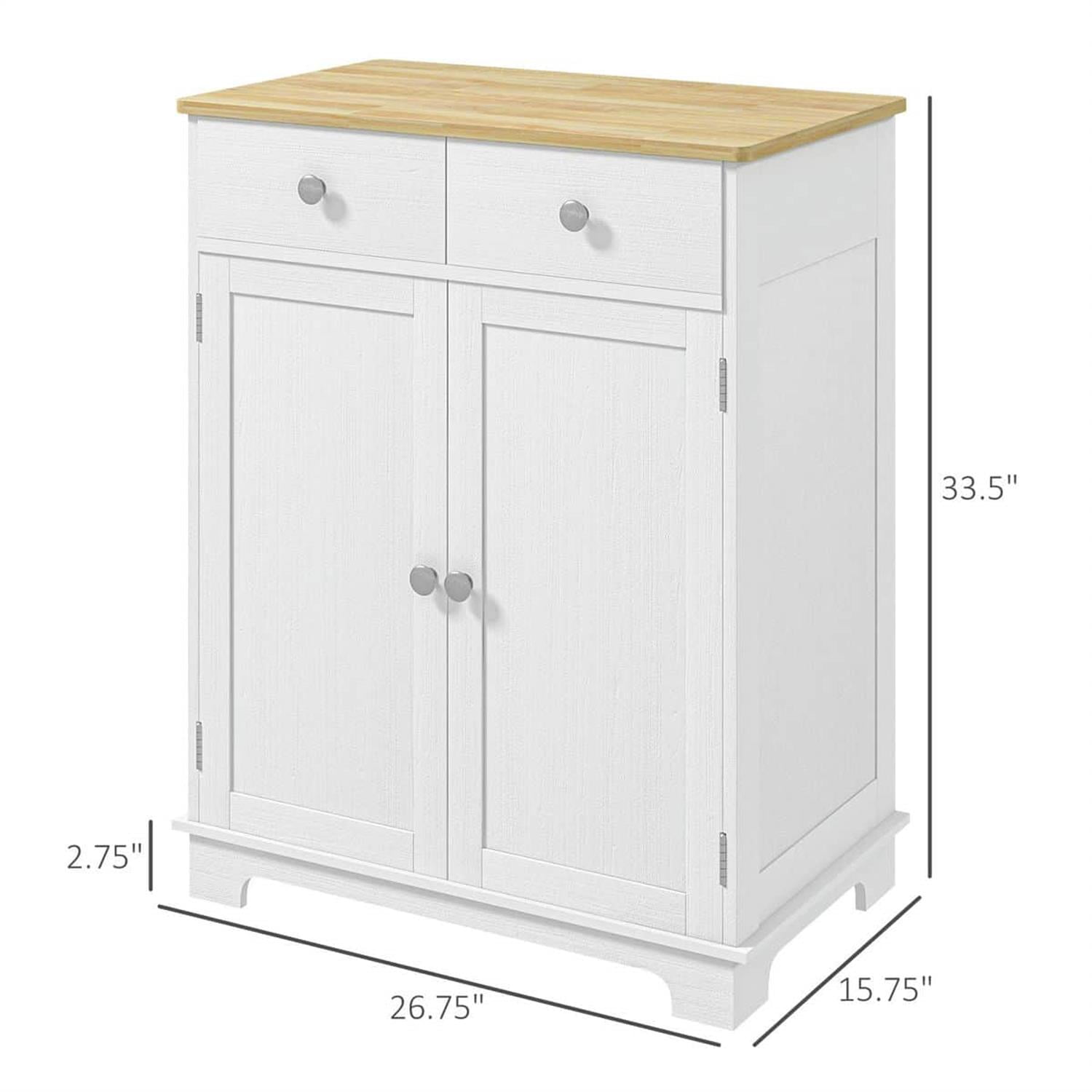 Demi Bonn 33" Kitchen Storage Cabinet Solid Wood Top Sideboard Floor Cupboard, Adjustable Shelf & 2 Drawers for Home Organization, White