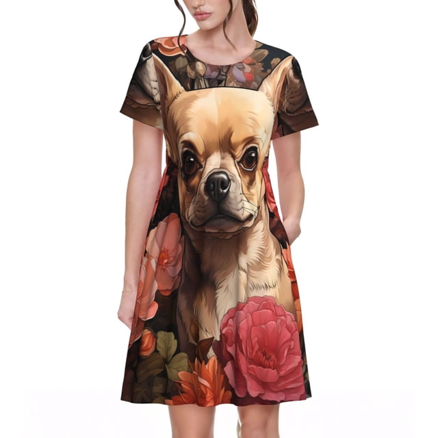 Easygdp Vintage Red Flower Chihuahua para Vestido Transpirable de Mujer, Vestido Suelto de Manga Corta con Pliegues y Bolsillos para el Verano