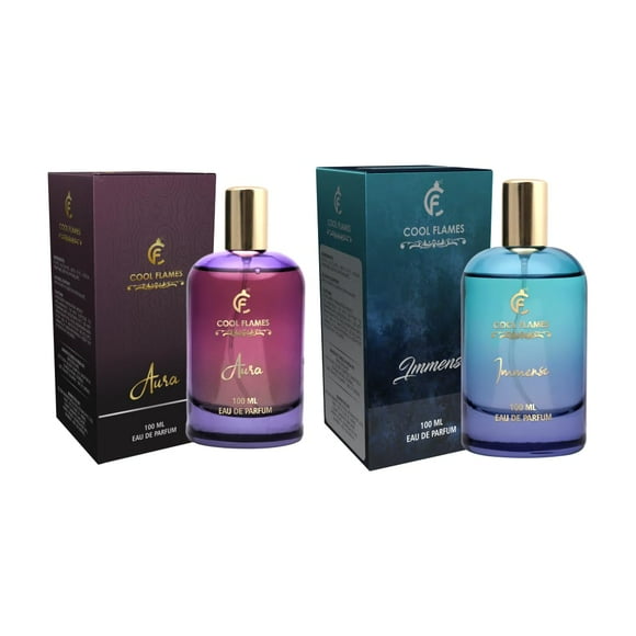 Cool Flames Luxury Aura + Immense Eau de Parfum Combo pour Hommes & Femmes Lot de 2 X 100ml - 3.4 Fl.oz. Chacun / Fragrance Unisexe Premium Longue Durée - avec des Notes Fumées, Épicées & Agrumes