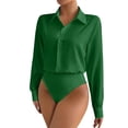 thumbnail image 2 of Women's Long Sleeve Collared Shirt Bodysuit Button Front Stretchy Slim Fit Tucked-in Design for Office Date Nigh Green 2XL, 2 of 8