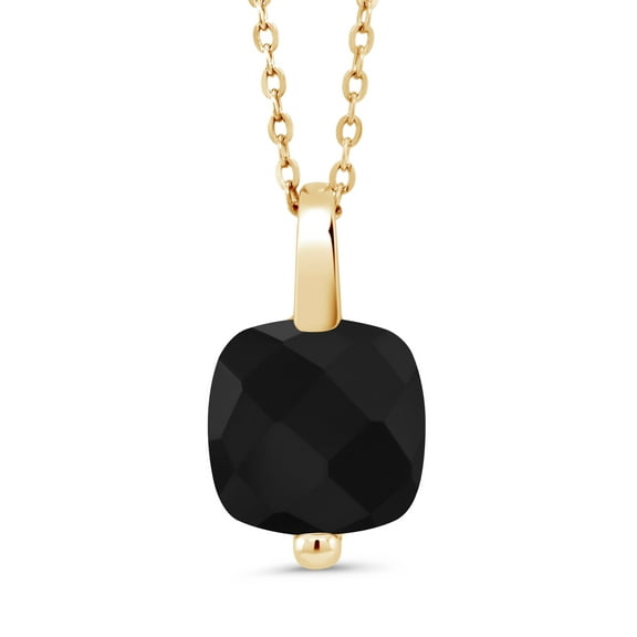 Gem Stone King 3.60 Cttw 18K Yellow Gold Plated Silver Black Onyx Pendant Necklace for Women | 10MM Cushion Checkerboard Gemstone Birthstone | With 18 inch Chain
