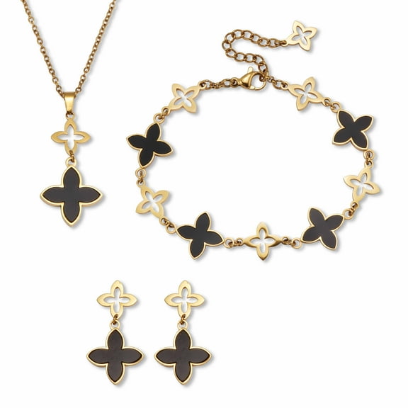 Genuine Black Mother of Pearl Gold Ion-Plated Stainless Steel Clover Jewelry Set