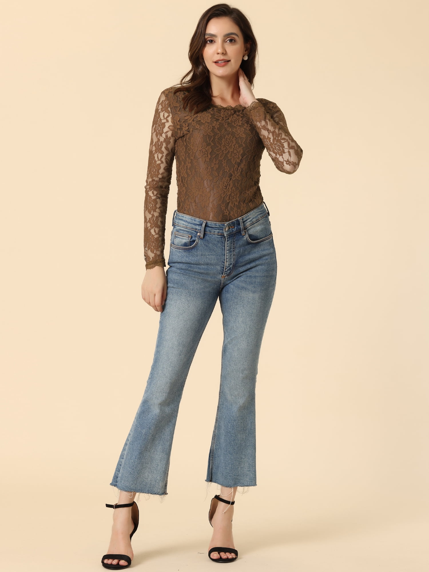 DARING DIVA Sheers Flower Embroidery Lace Top S Brown