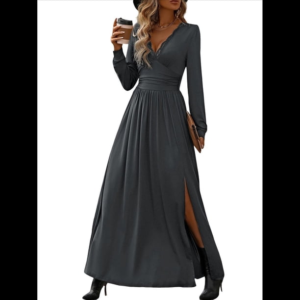 Vestido Elegante de Otoño 2025 para Mujer, con Escote en V Profundo, Larga y Abertura, para Boda, Noche, Graduación, Fiesta Gris Oscuro XL