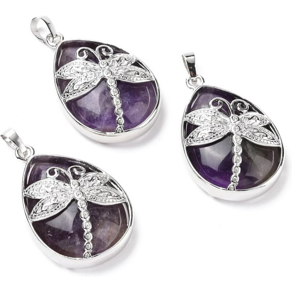 1Pcs Teardrop with Dragonfly Natural Amethyst Pendants Pendant Necklace with Platinum Tone Brass Findings Dragonfly Charms for Necklace Bracelet Jewelry Making DIY Craft Making