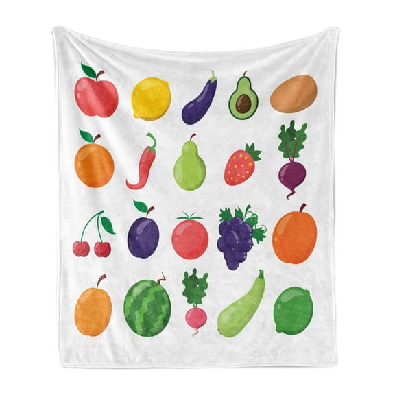 Fruits and Vegetables Soft Flannel Fleece Throw Blanket, Symmetrically Aligned Various Diet Nutrition Tasty and Colorful, Cozy Plush for Indoor and Outdoor Use, 60" x 80", Multicolor, by Ambesonne