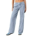 thumbnail image 2 of Hogleaql Womens Pull-On Wide Leg Jeans Low Waisted Fashion Going Out Stretchy Wide Leg Button Denim Jeans with Pockets Oversized Trousers Light Blue L, 2 of 5