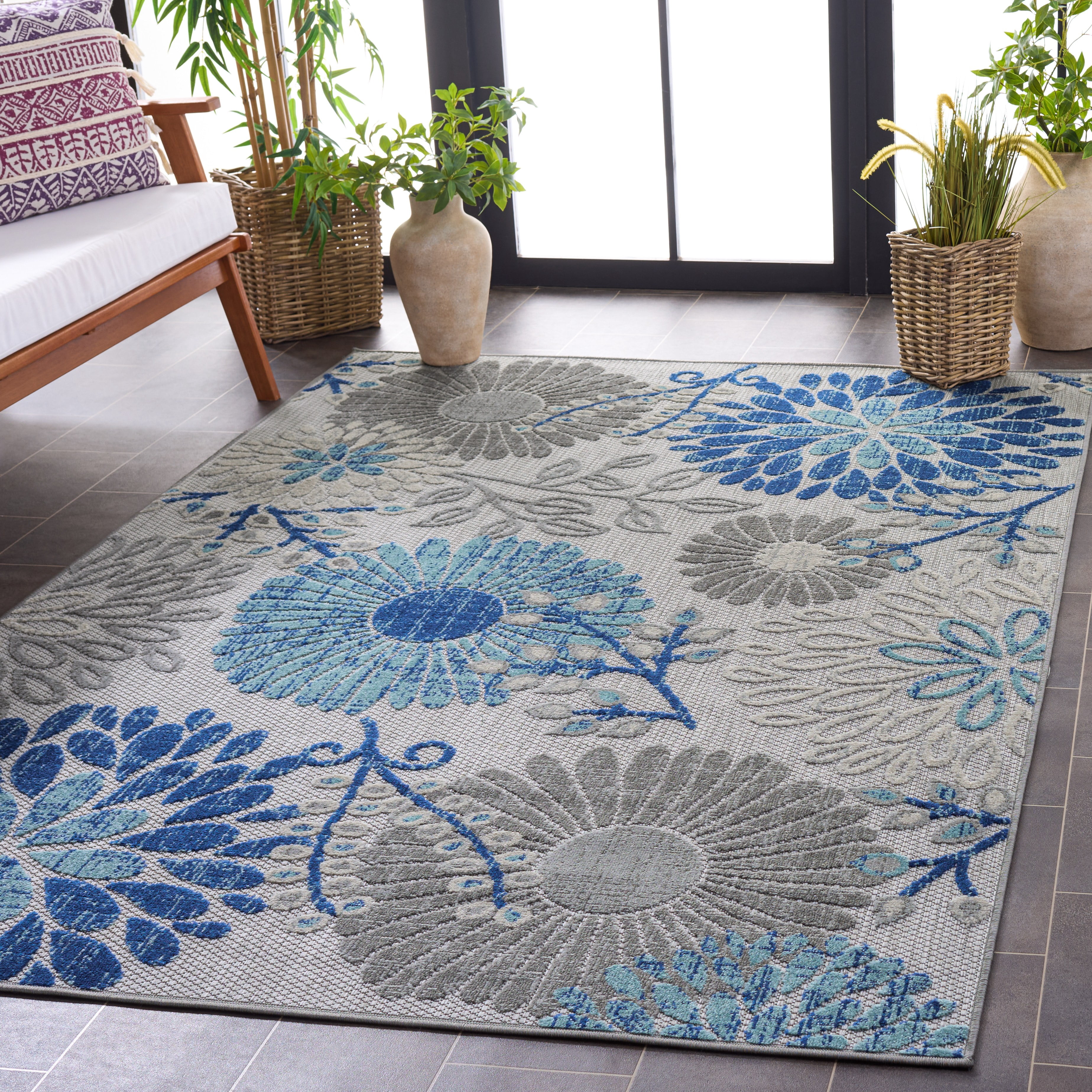 SAFAVIEH Cabana Garnet Floral Indoor/Outdoor Area Rug, Grey/Blue, 6' x 9'