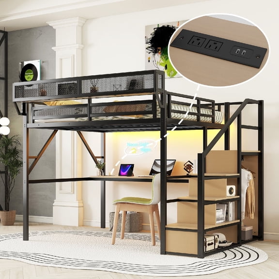 CNMMP Modern Iron LED Lights Queen Loft Bed with Staircase and Charging Station Black