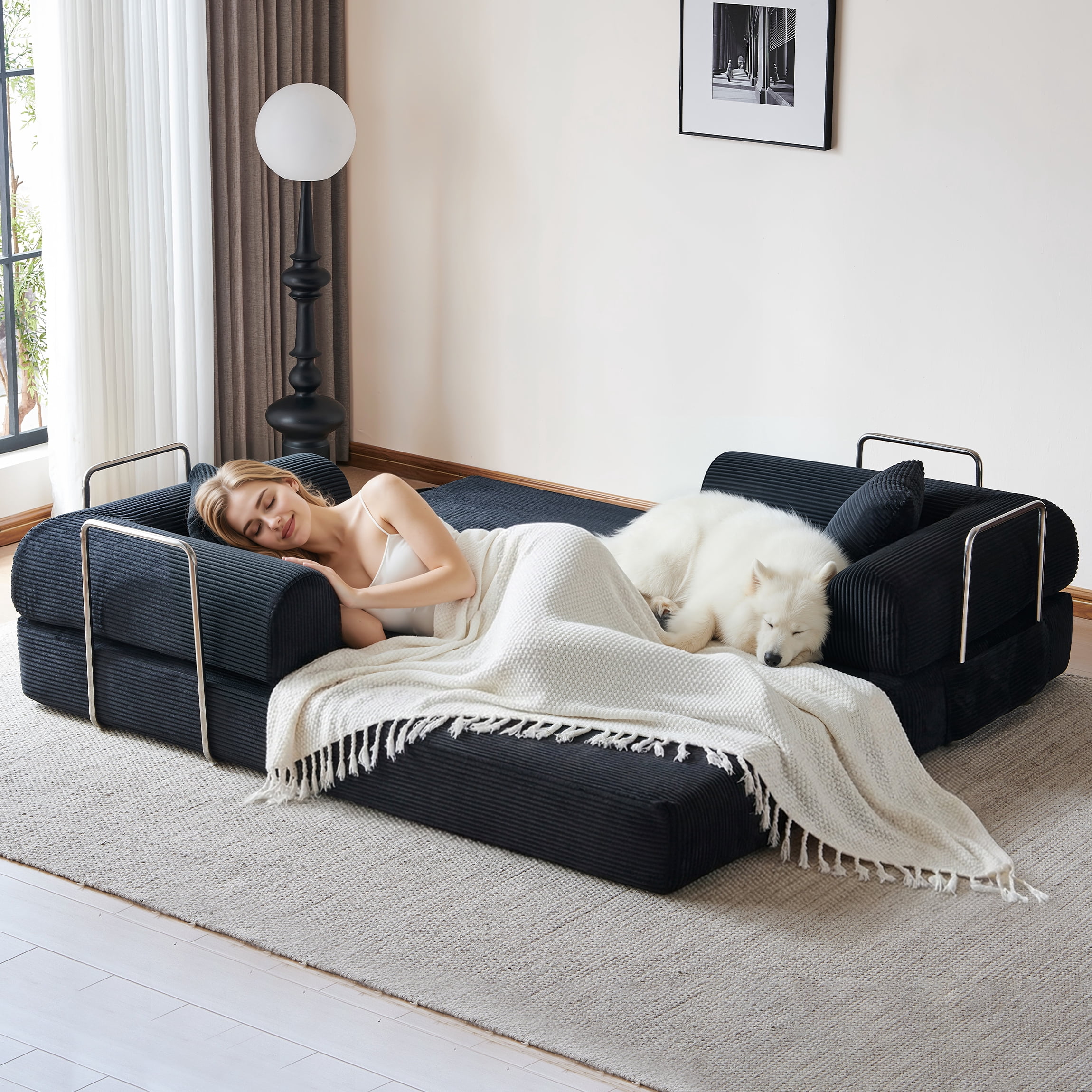 Vanress 78" Convertible Sofa Bed, Folding Sleeper Sofa Couch Bed with Fixed-Shape Frame, Pull-Out Sleeper Loveseat, Corduroy Boneless Futon Bed, No Assembly Required for Living Room & Bedroom, Black