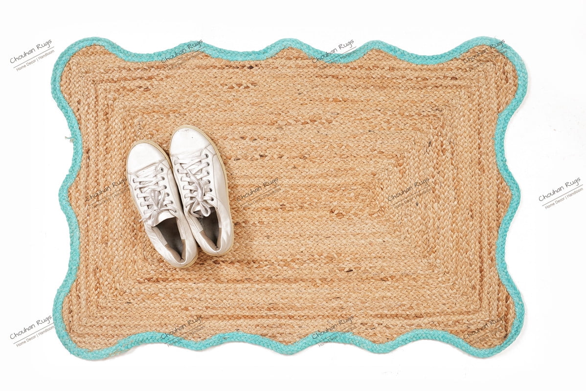 Rectangle Rug Natural Jute Rug Hand Braided Beige And Turquoise Color Area Rug