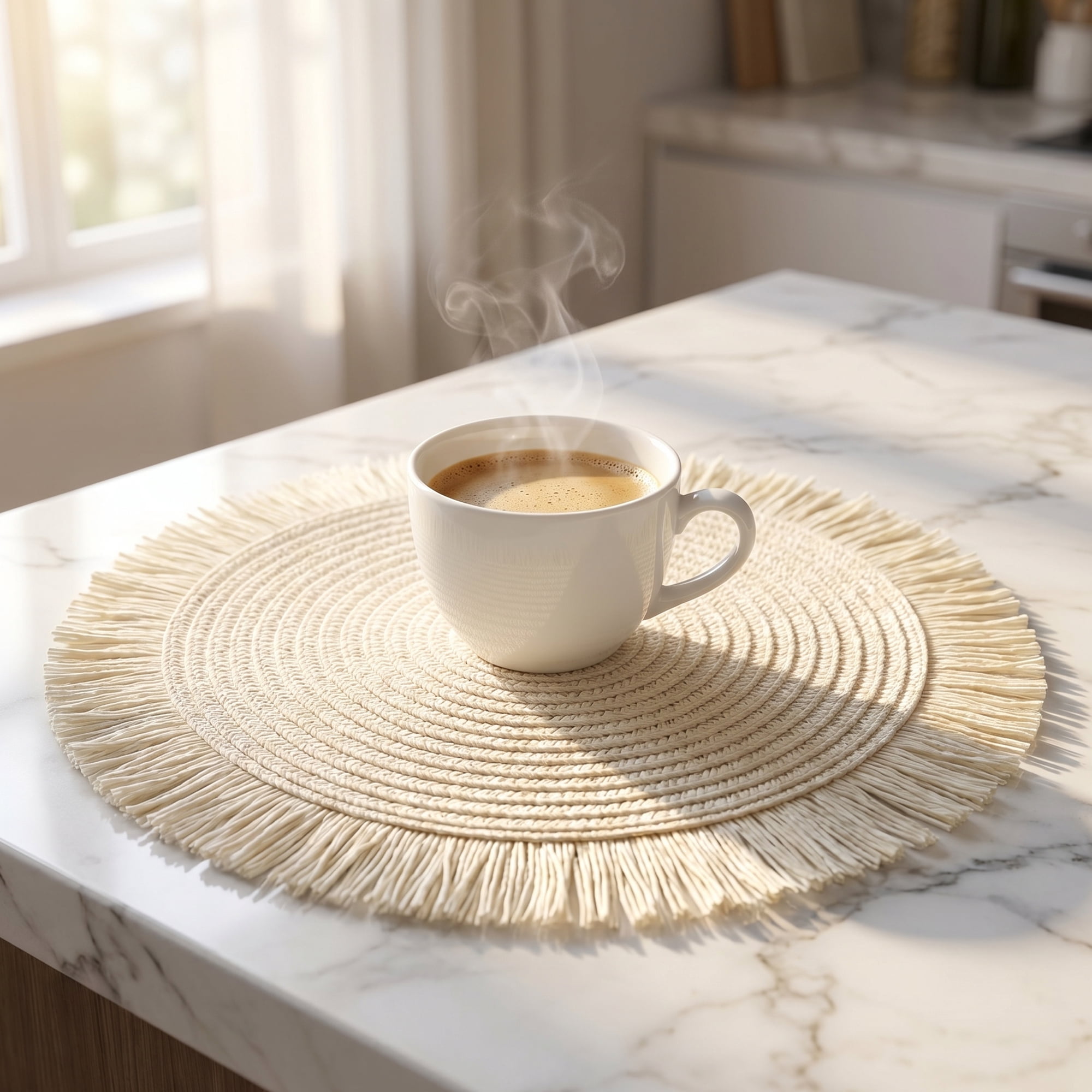 Unique Bargains Rustic Tassel Place Mats Set of 6 for Dining Table Decor White 15"x15"