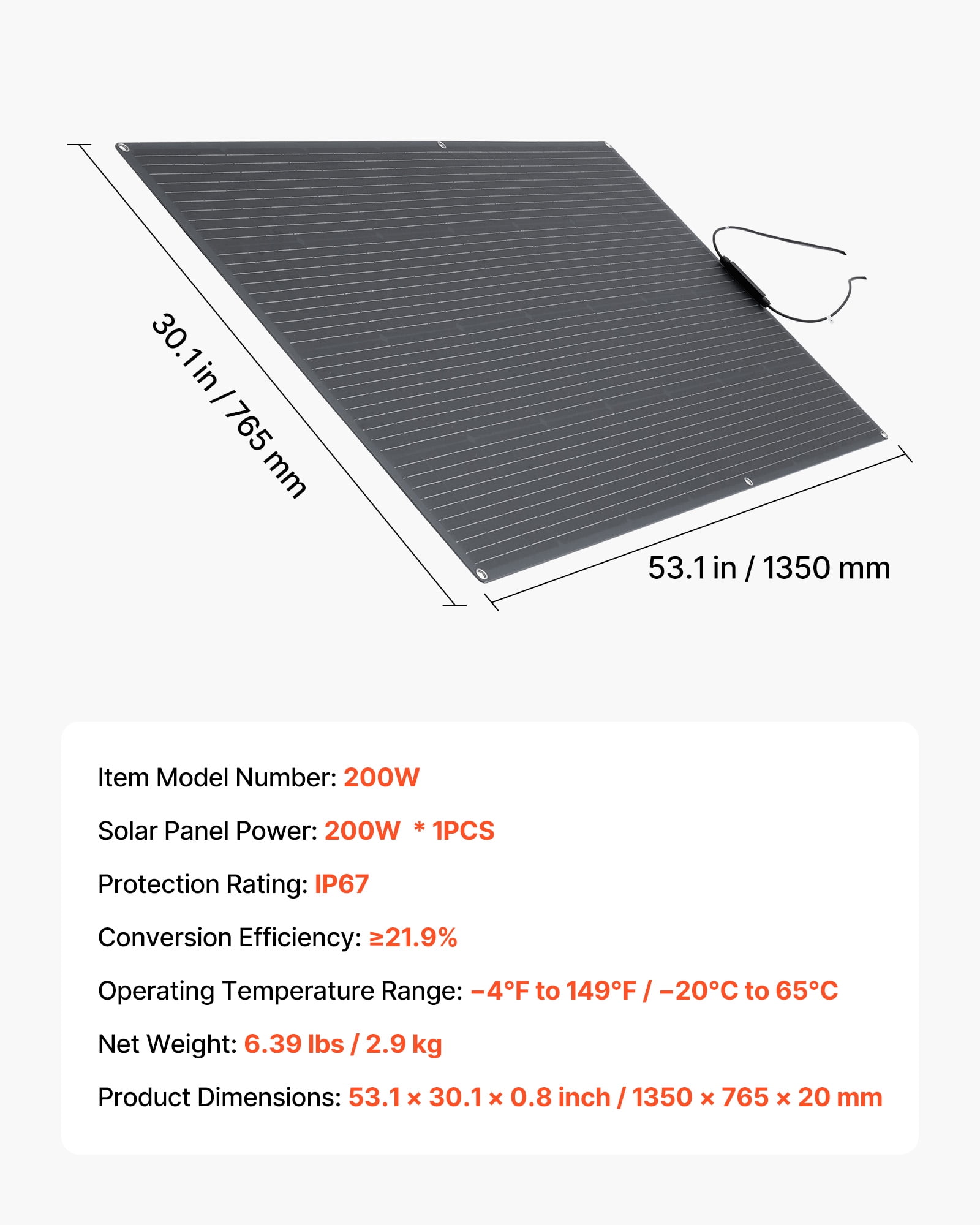 VEVOR Flexible Solar Panel, 200W Semi-Flexible Bendable Monocrystalline Solar Panel, 21.9% Efficiency Mono Off-Grid Charger with MC4 Output, IP67 Waterproof for Marine RV Car Cabin Curved Surfaces