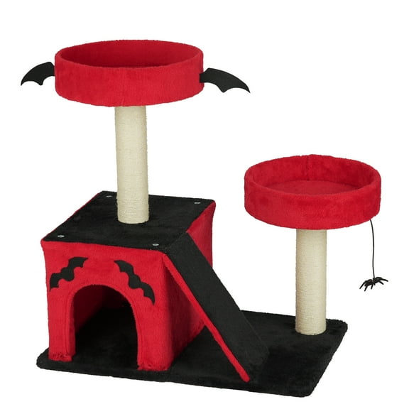 ZephyPaws 26" Halloween Cat Tree with 2 Cozy Perches, Spider Toy, Scratching Ladder & Cat Condo, Gothic Cat Tower for Indoor Cats, Red and Black