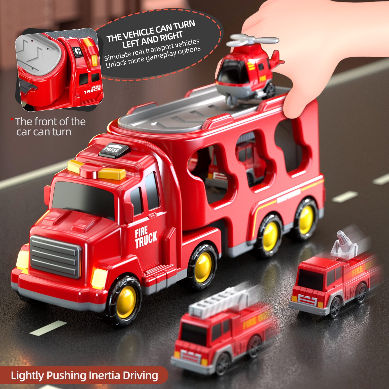 Lucky Doug Fire Truck Car Set for Toddlers Ages 1-3-5, 5 in 1 Carrier Truck Toys with Light & Sound, Toddlers Boys Toys Ages 2 3-5 as Birthday Gift