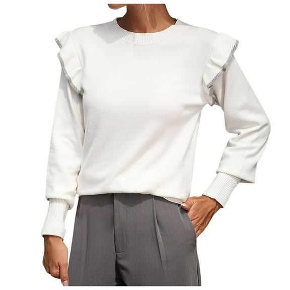 BLVB Women's Fall Sweaters 2024 Trendy Crew Neck Ruffle Long Sleeve Casual Loose Knit Pullover Sweater Tops