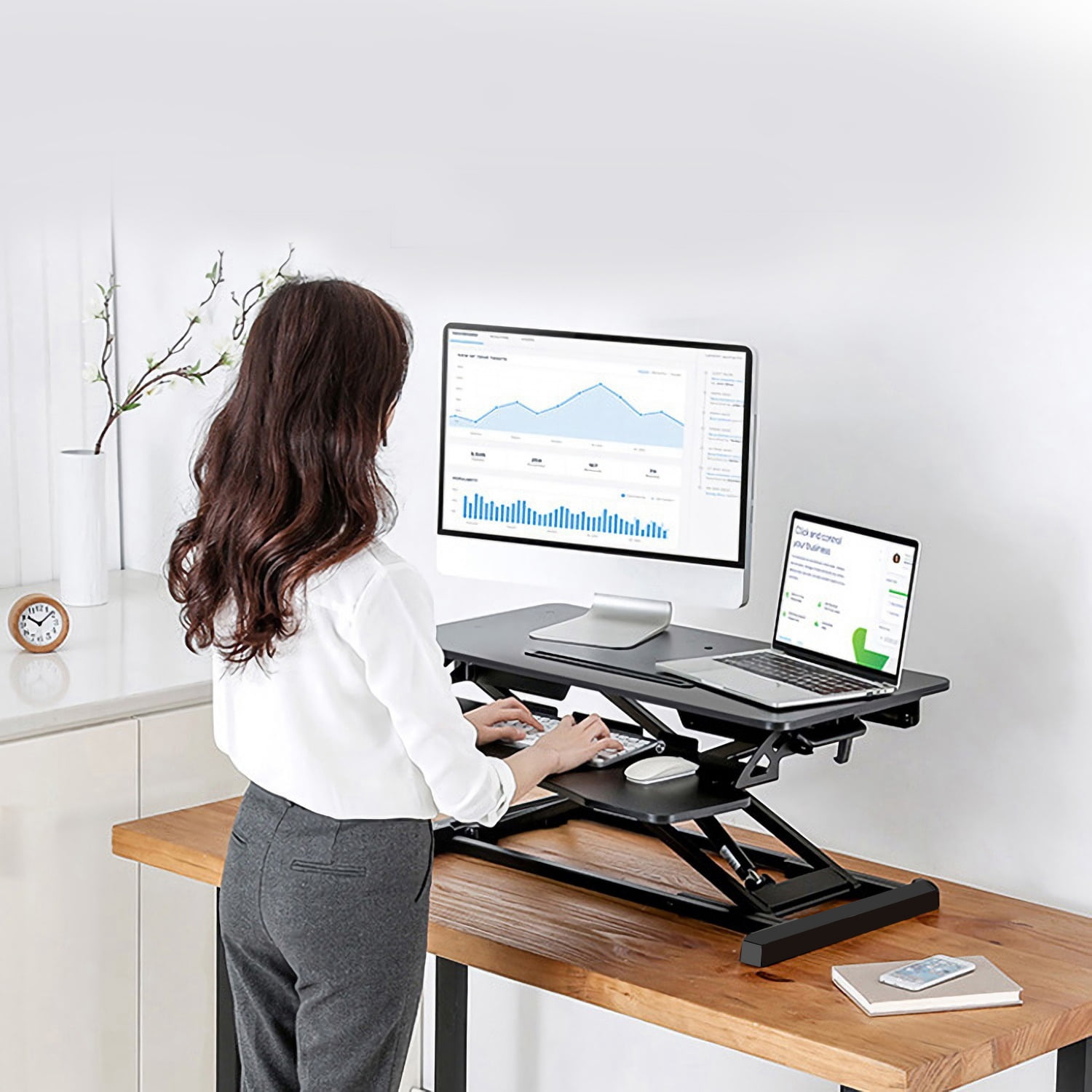 Zorpupoa Height Adjustable Sit Stand Desk Converter for Dual Monitor, 5.12-20.08 in, Black