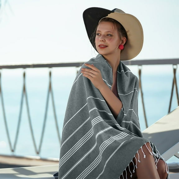 Striped Turkish Beach Towel, Tassel Ear Bath Towel, Quick Dry Embroidery Pool Blanket