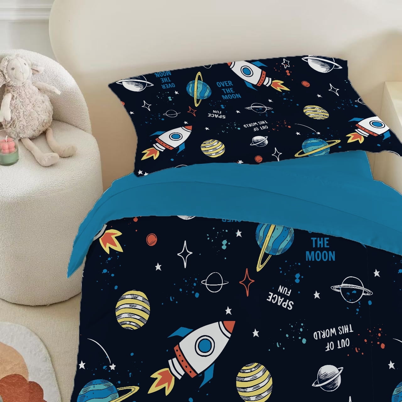 Toddler Bedding Sets for Babys Boys Girls Kids Navy Blue Space Rocket Toddler Crib Comforter Set Flat Sheet Fitted Sheet and Pillowcase 4 Pieces
