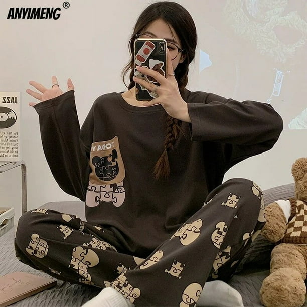 Conjunto de pijama de algodón con dibujos animados para mujer, ropa de dormir Coreana de manga larga con cuello redondo, bonita para ocio