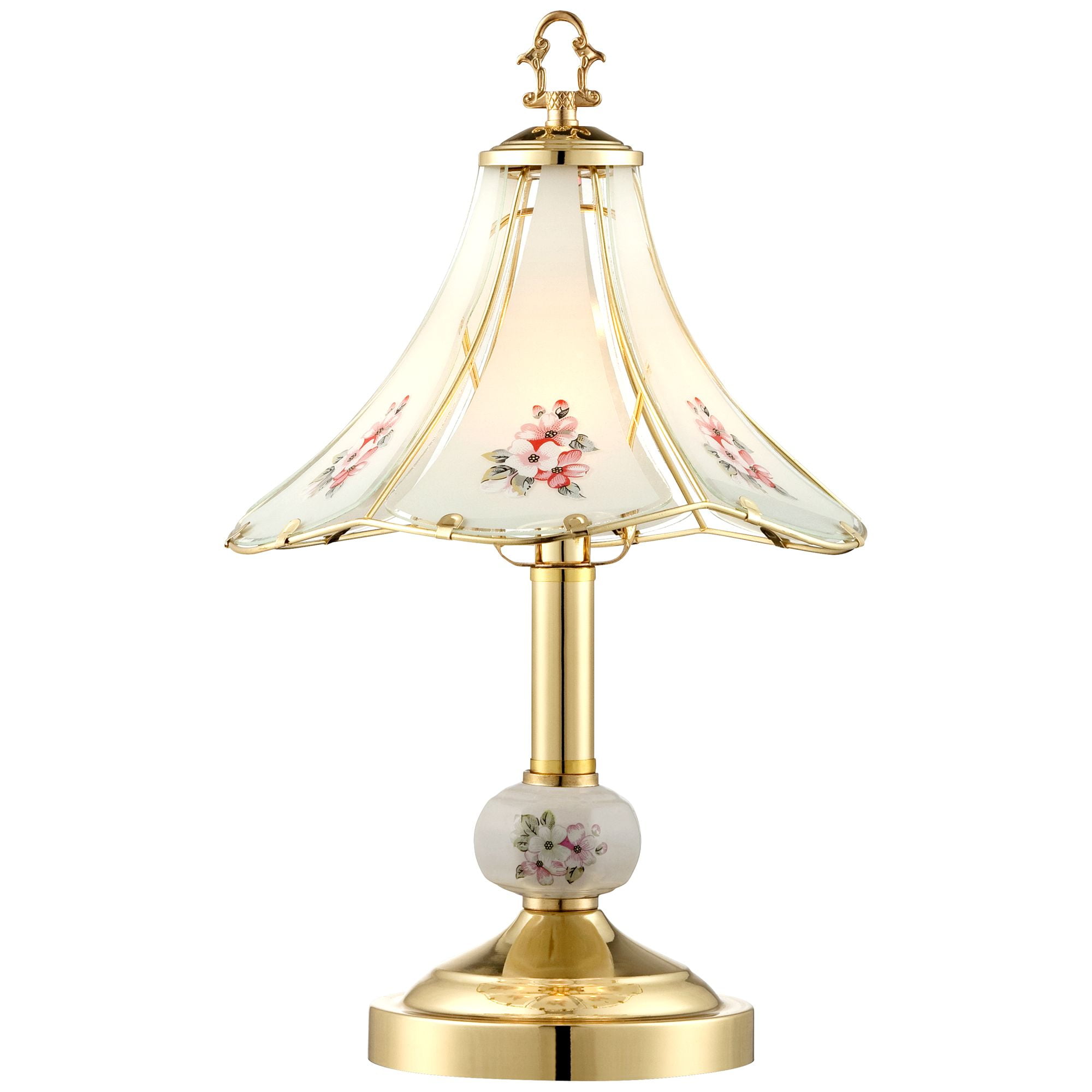 Regency Hill Traditional Accent Table Lamp 16" High Polished Brass Floral Glass Shade Touch On Off for Bedroom House Bedside Home