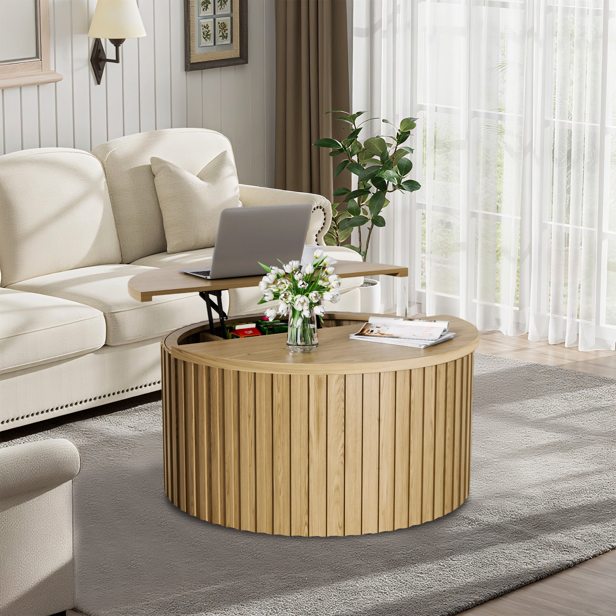 Round Coffee Tables for Living Room, Lift Top Coffee Table with Storage, Circle Center Table for Office, Wood Color