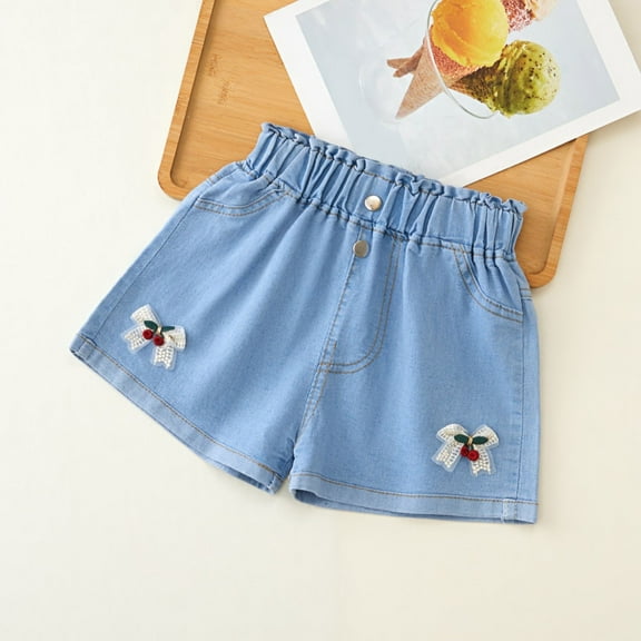 CQONEPT Kids Girls Denim Shorts Elastic Waist Pants Lounge Bow Tie Summer Y2k Jeans Short Pants with Pockets Red 6 Years