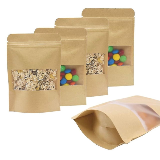 Bolsas de papel para dulces con ventana, 100 Uds., 10x15cm, resellables, bolsas de almacenamiento de alimentos secos de color marrón Kraft para aperitivos