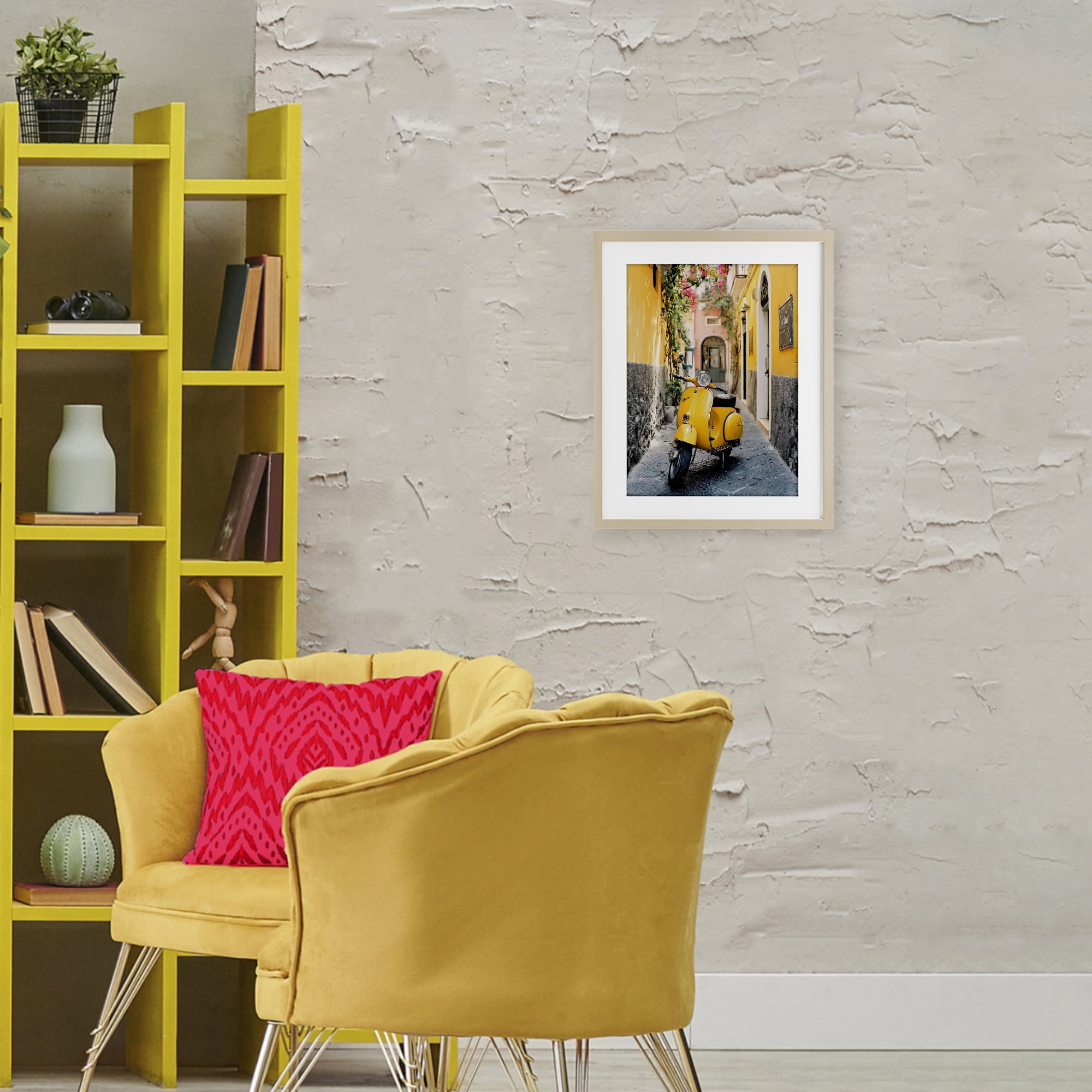 Stupell Industries Yellow Moped in Alley Birch Framed Print Under Glass, design by Franklyn Gregory