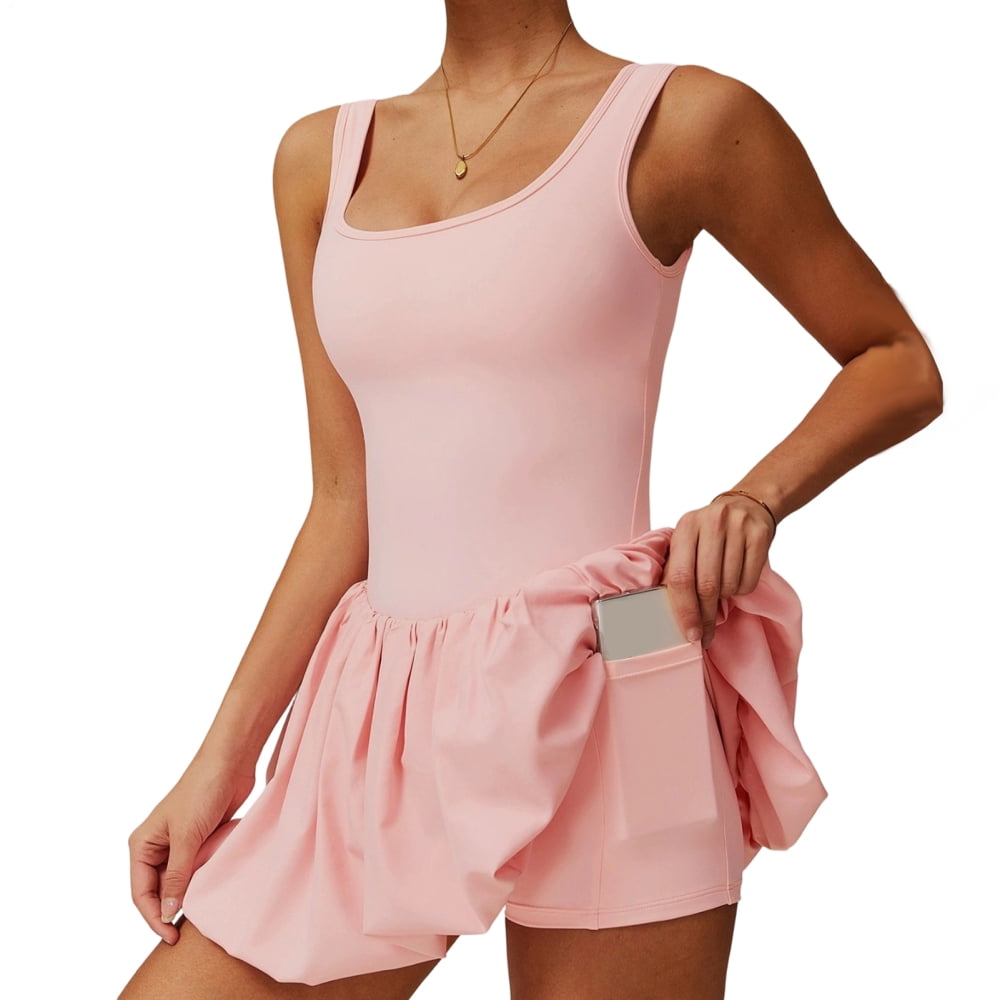 adaychics Womens Tennis Dress Square Neck Summer Sleeveless Athletic Backless Mini Dress with Shorts for Running