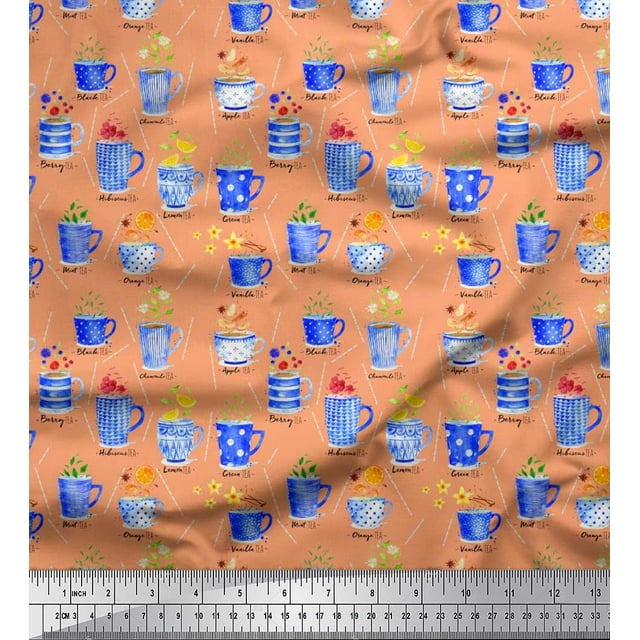Soimoi Polyester Crepe Fabric Spices & Tea Cup Watercolor Fabric Prints by Yard 52 Inch Wide